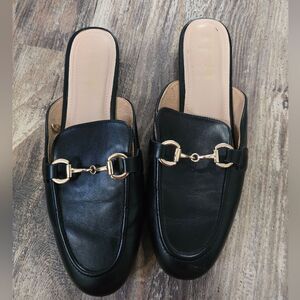 Black Mules Flats 10 Gold Horsebit Buckle Slip On Shoes Vegan Leather